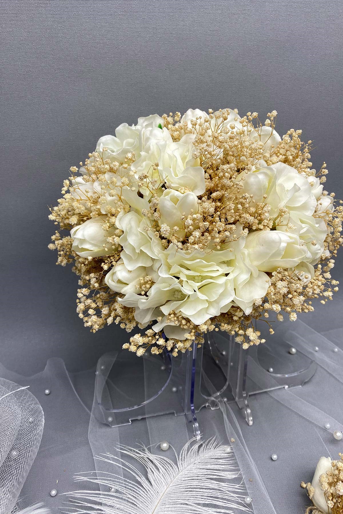 Cipso ve Laleli Gelin Çiçeği Nikah Şapkası ve Gelin Eldiveni Seti
