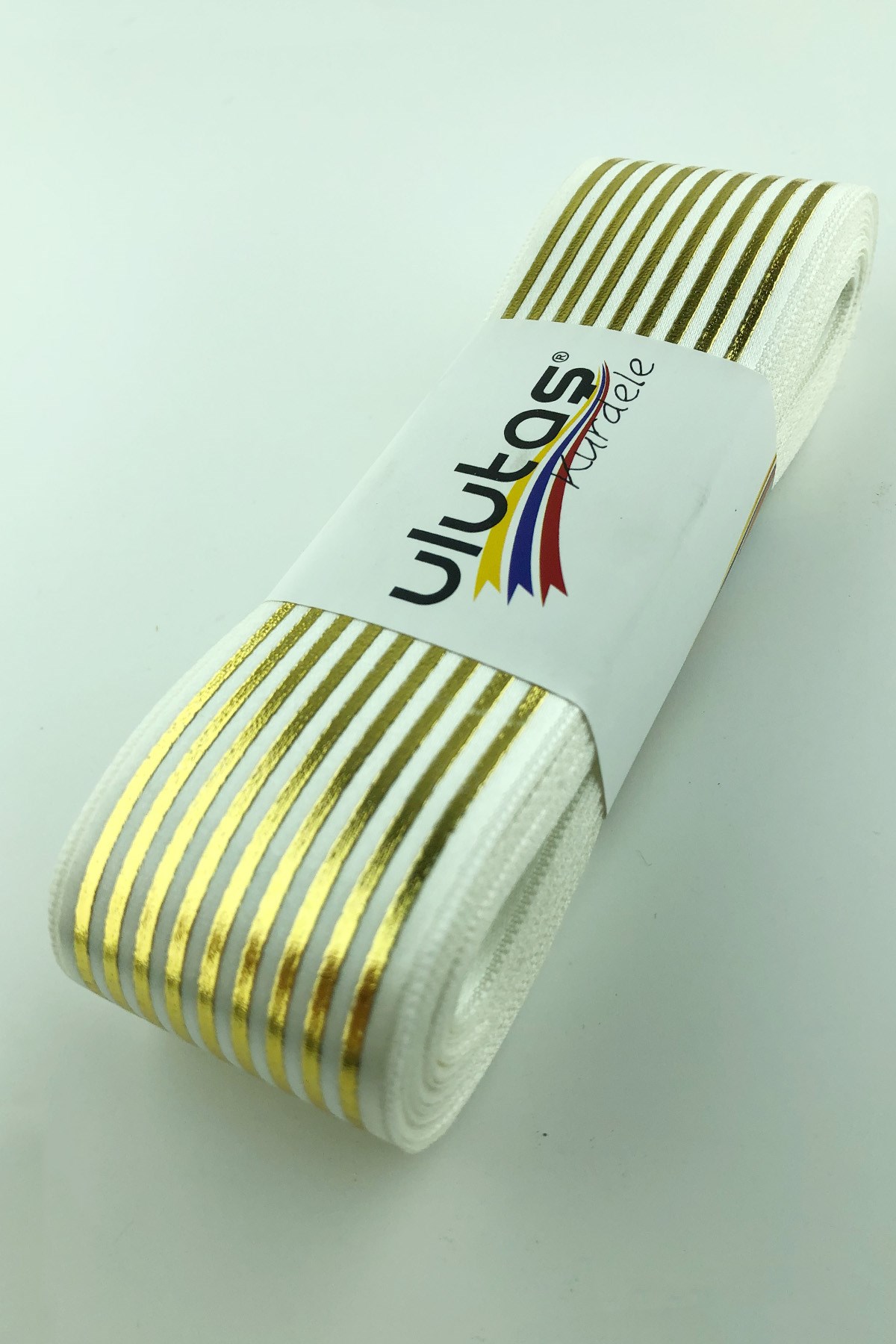 Çizgili Gold Varak Baskılı Saten Kurdele 4 cm