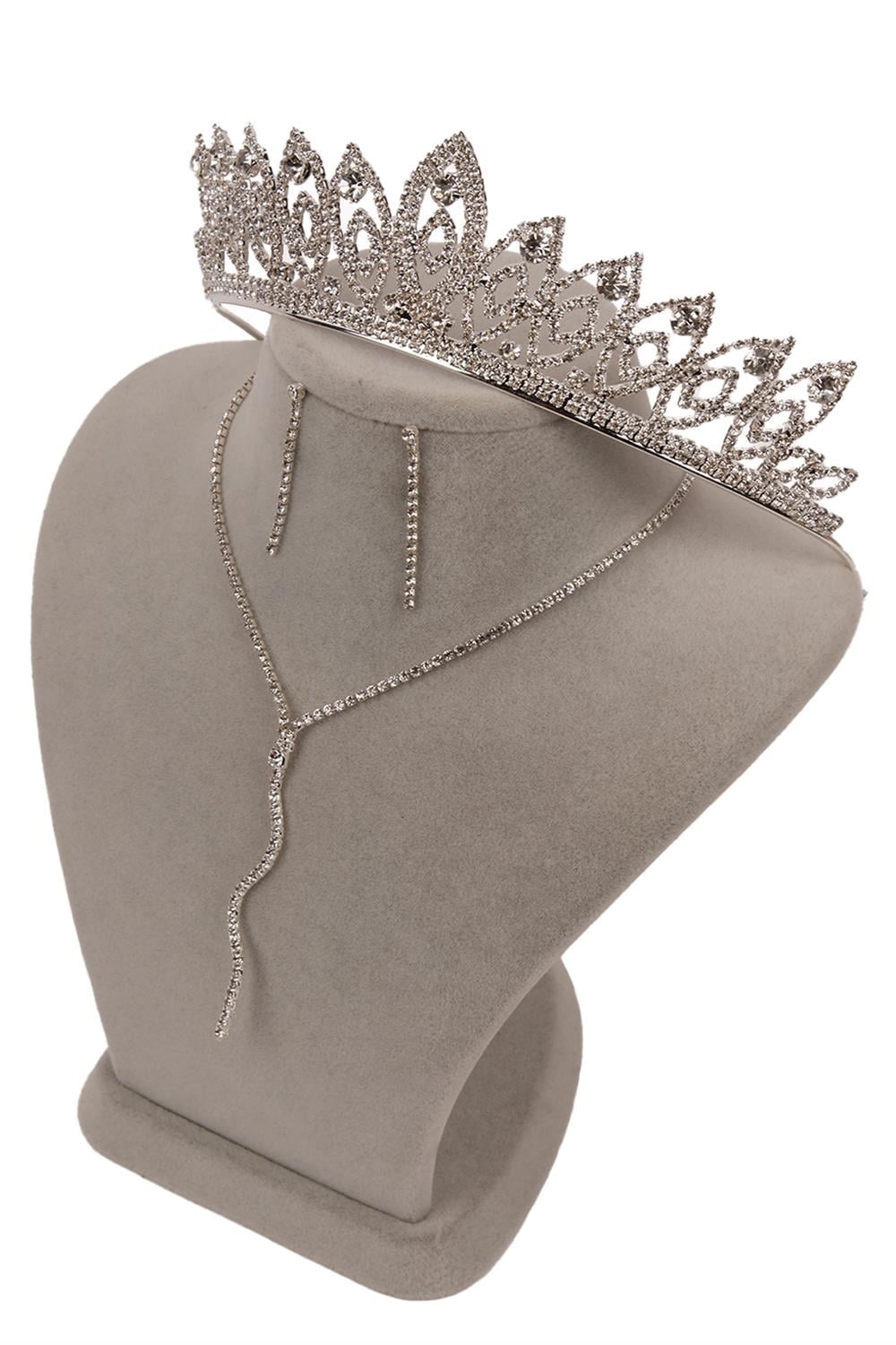 Wavy Venus Stylish Crystal Stone Evening Dress Necklace Earring Set and Thin Leaf Bridal Crown