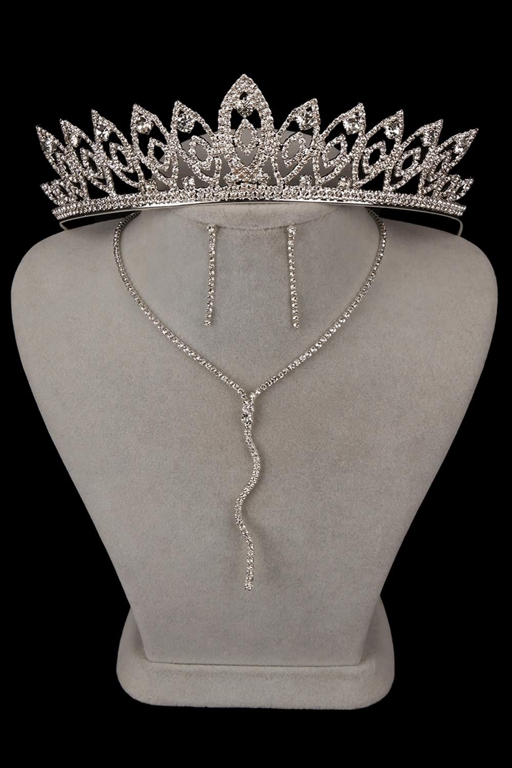 Wavy Venus Stylish Crystal Stone Evening Dress Necklace Earring Set and Thin Leaf Bridal Crown