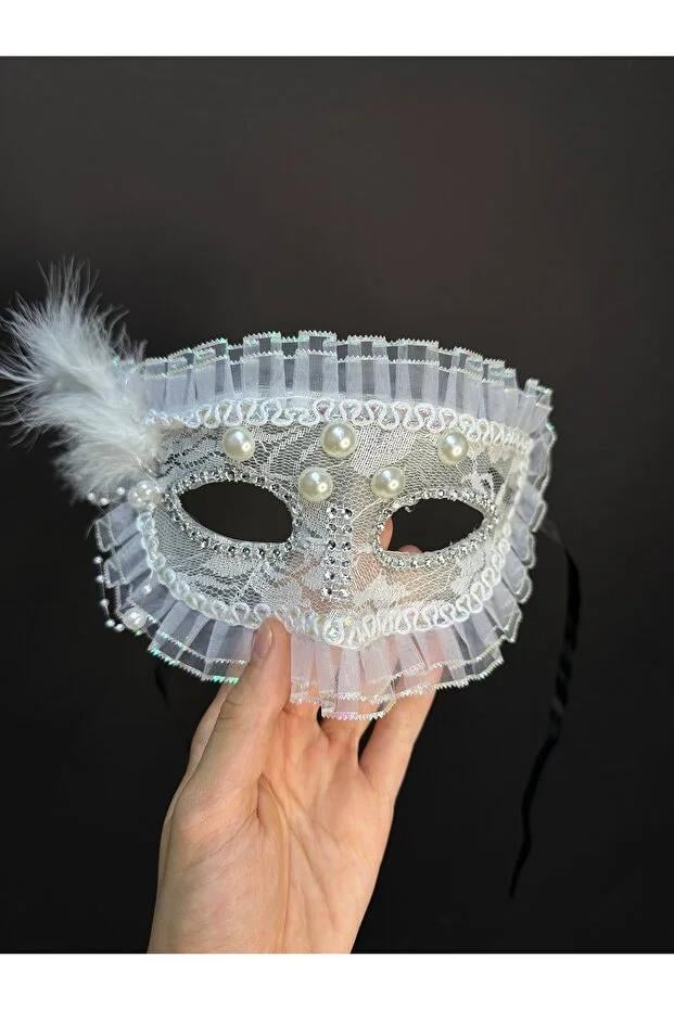Dantel İnci Tüy Venedik Maskesi Maskeli Balo Kostüm Aksesuarı