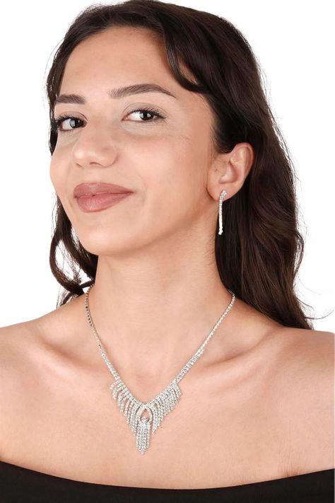 Dila Kristal Taşlı Abiye Kolye Küpe Seti Ve Gül Gelin Tacı