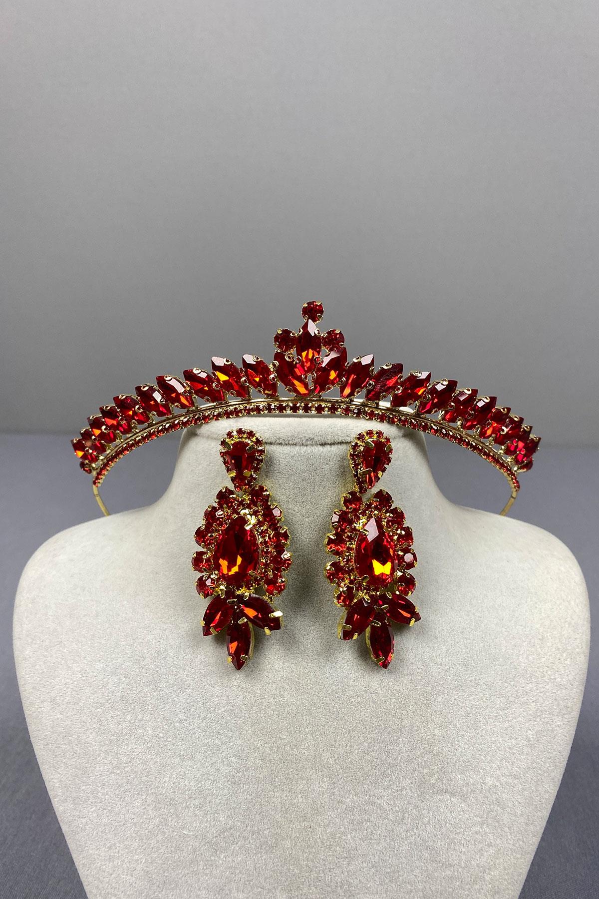 Ece Gelin Henna Crown and Drop Shuttle Stone Earring Set
