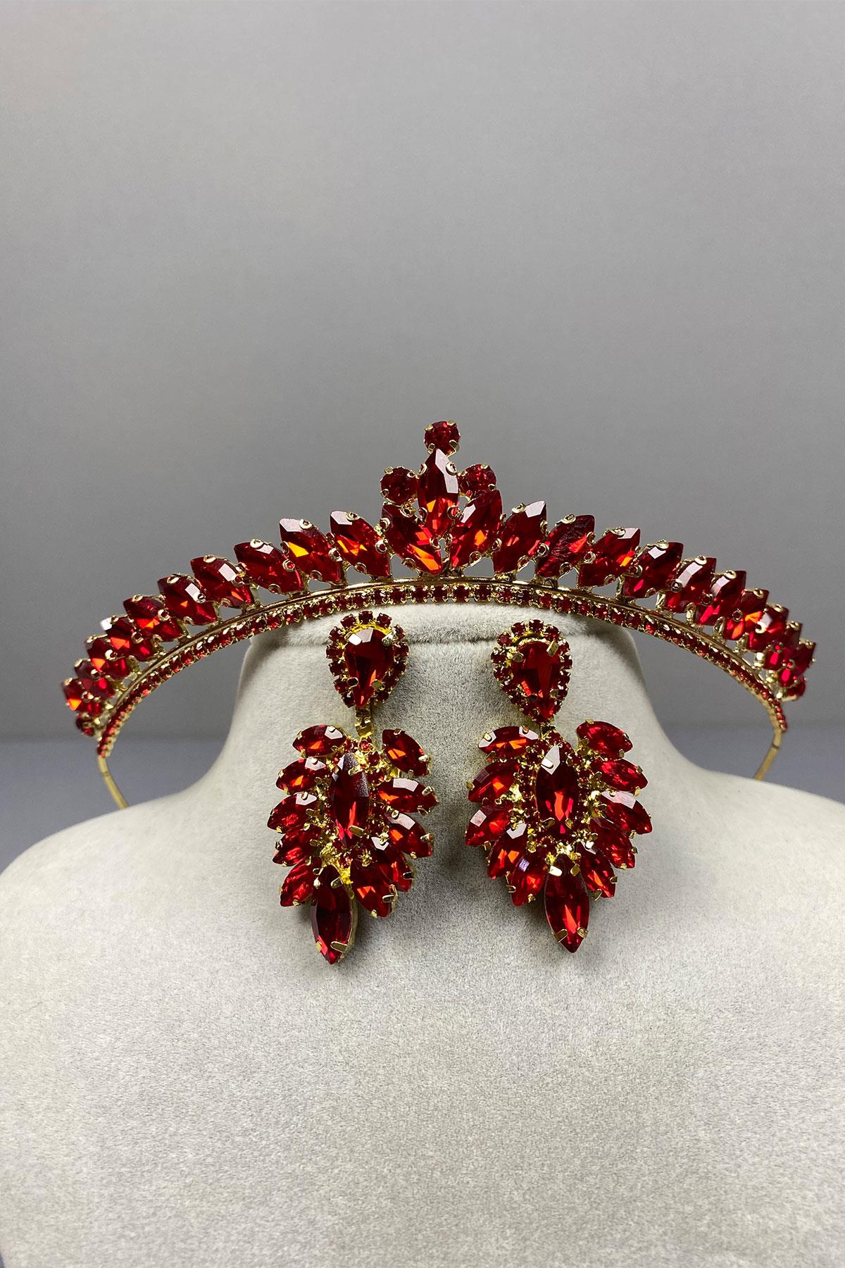 Ece Gelin Henna Crown and Drop Shuttle Stone Earring Set