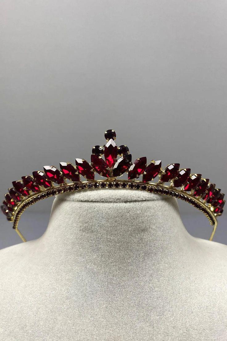 Ece Model Thin Bridal Tiara Burgundy Gold