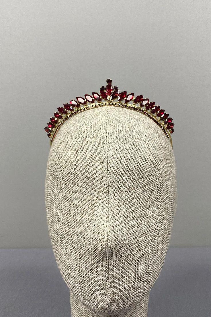 Ece Model Thin Bridal Tiara Burgundy Gold