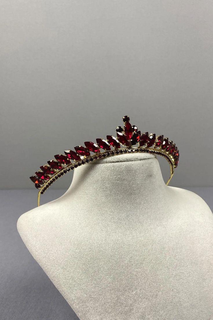 Ece Model Thin Bridal Tiara Burgundy Gold