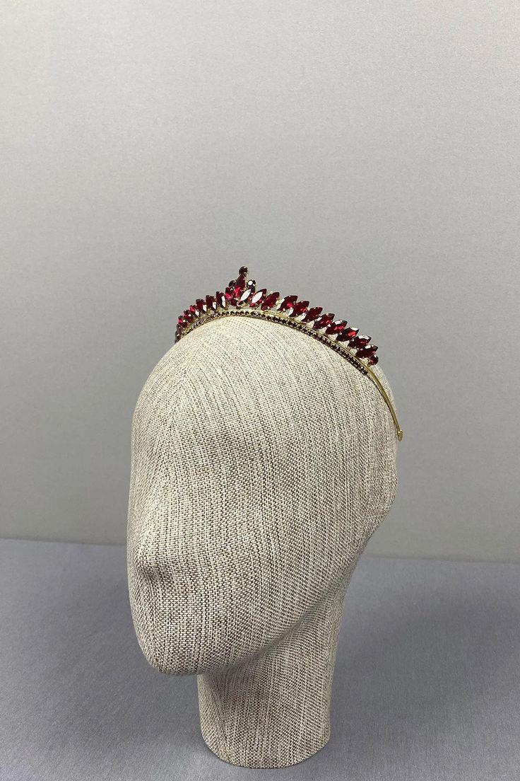 Ece Model Thin Bridal Tiara Burgundy Gold