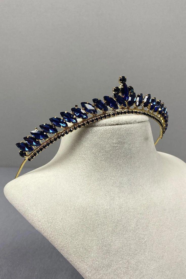 Ece Model Thin Bridal Tiara Navy Gold