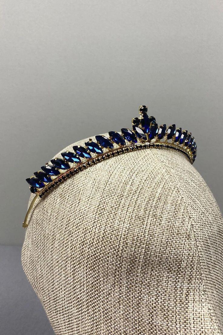 Ece Model Thin Bridal Tiara Navy Gold