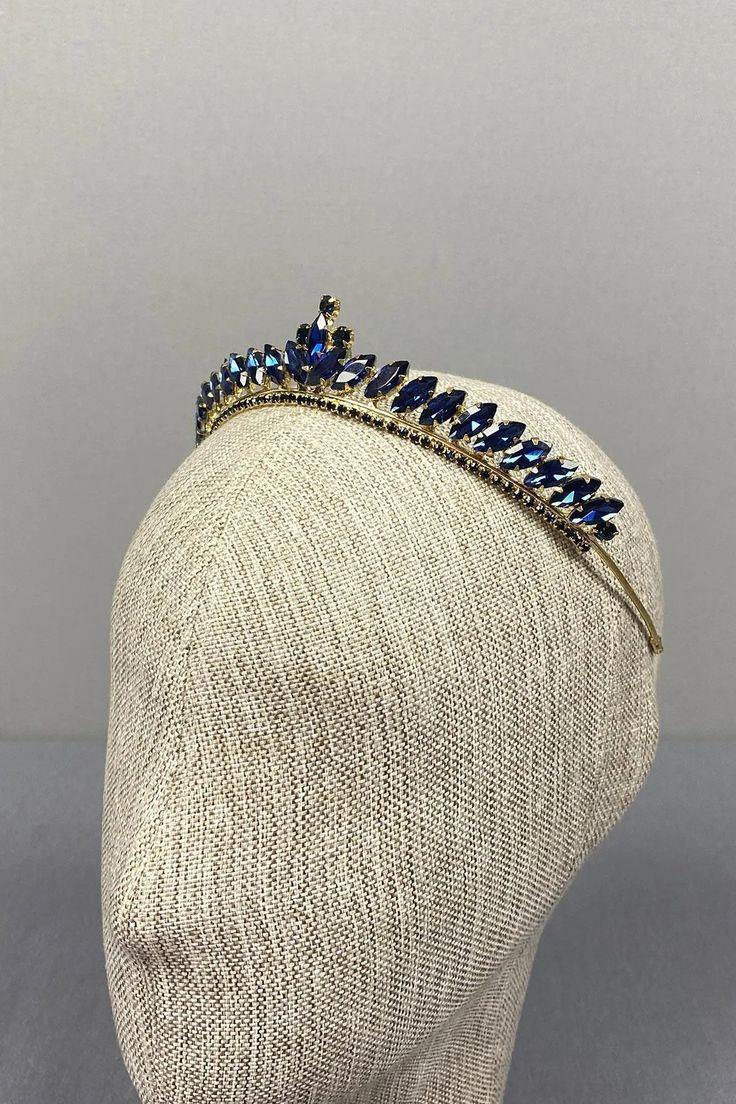 Ece Model Thin Bridal Tiara Navy Gold