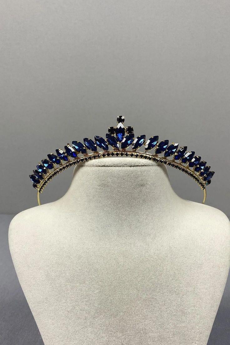 Ece Model Thin Bridal Tiara Navy Gold
