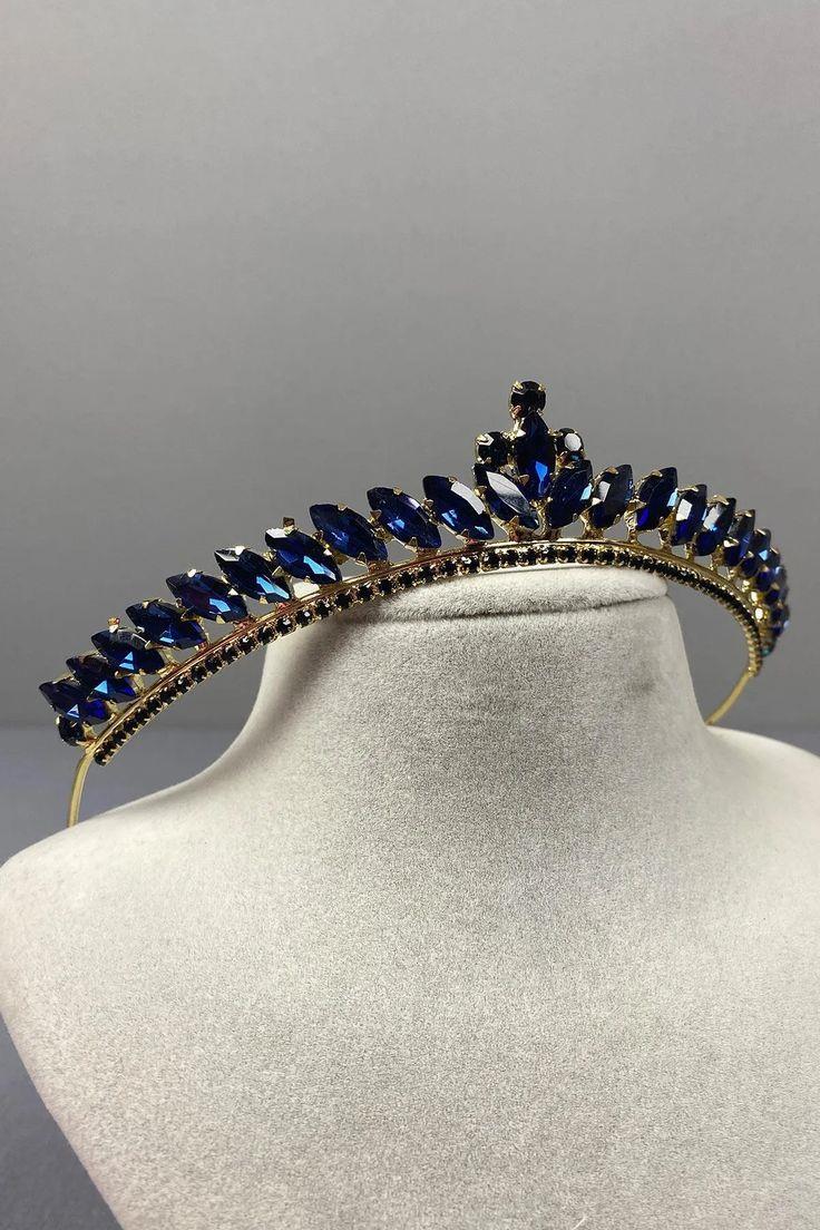Ece Model Thin Bridal Tiara Navy Gold