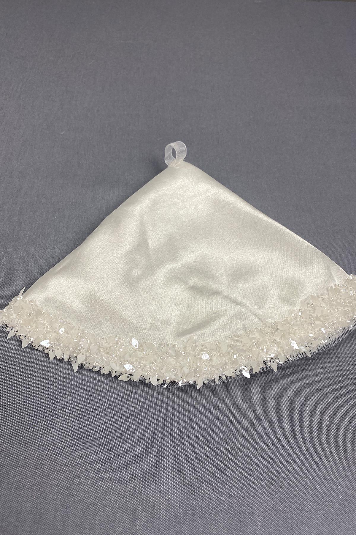 Ecru Satin Bead Embroidered Halay Handkerchief