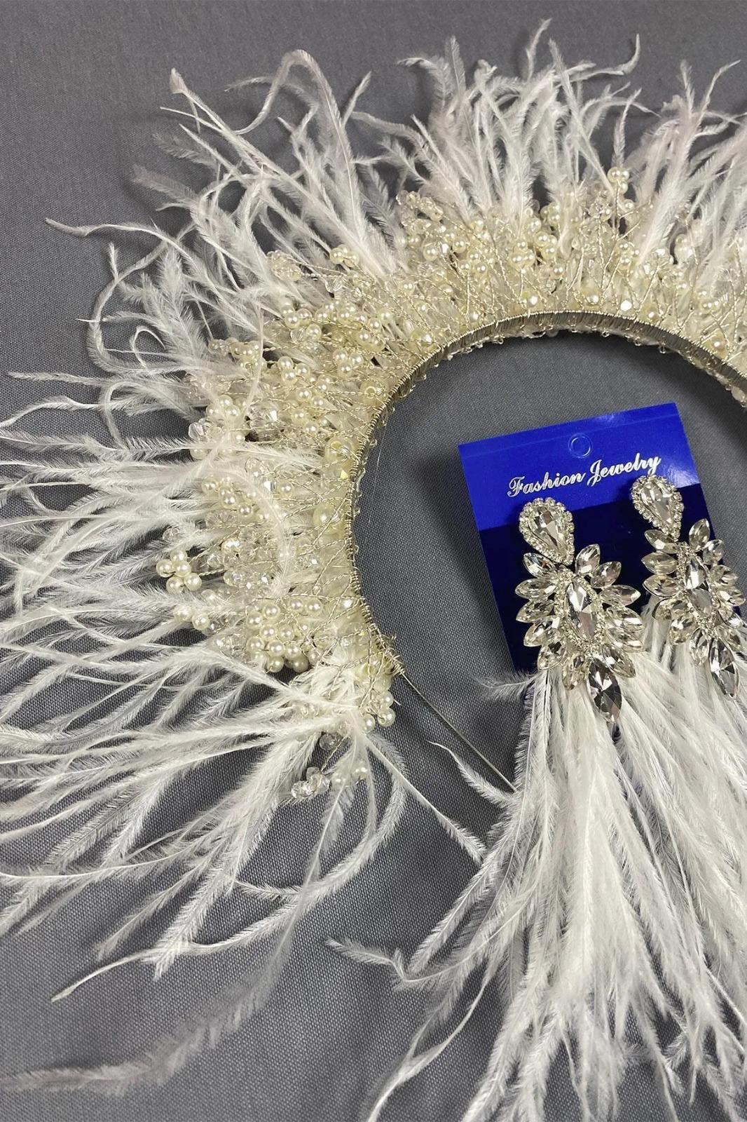 Ecru Sirius Crystal Beaded Feathered Bridal Henna Tiara and Earrings