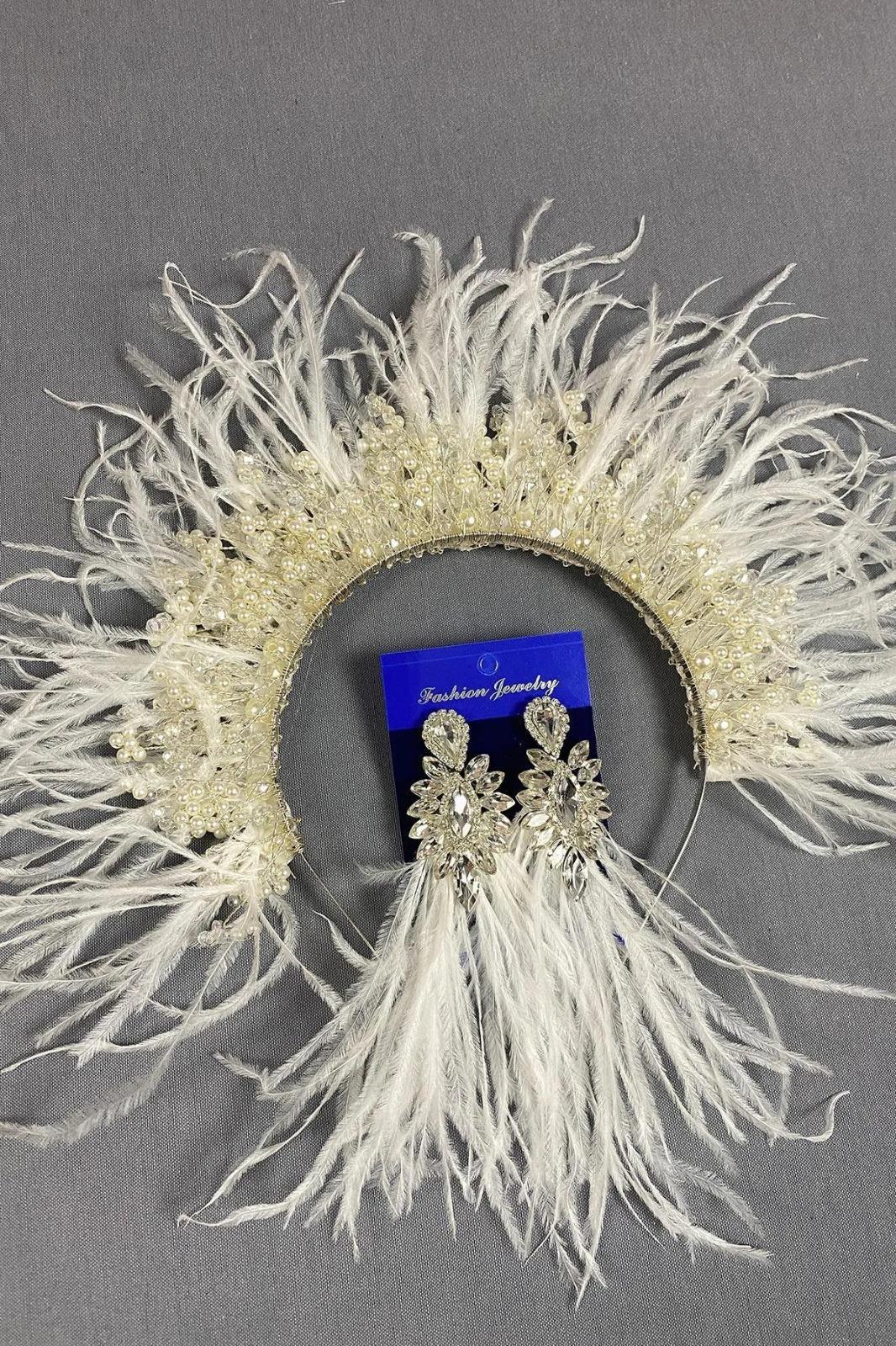 Ecru Sirius Crystal Beaded Feathered Bridal Henna Tiara and Earrings