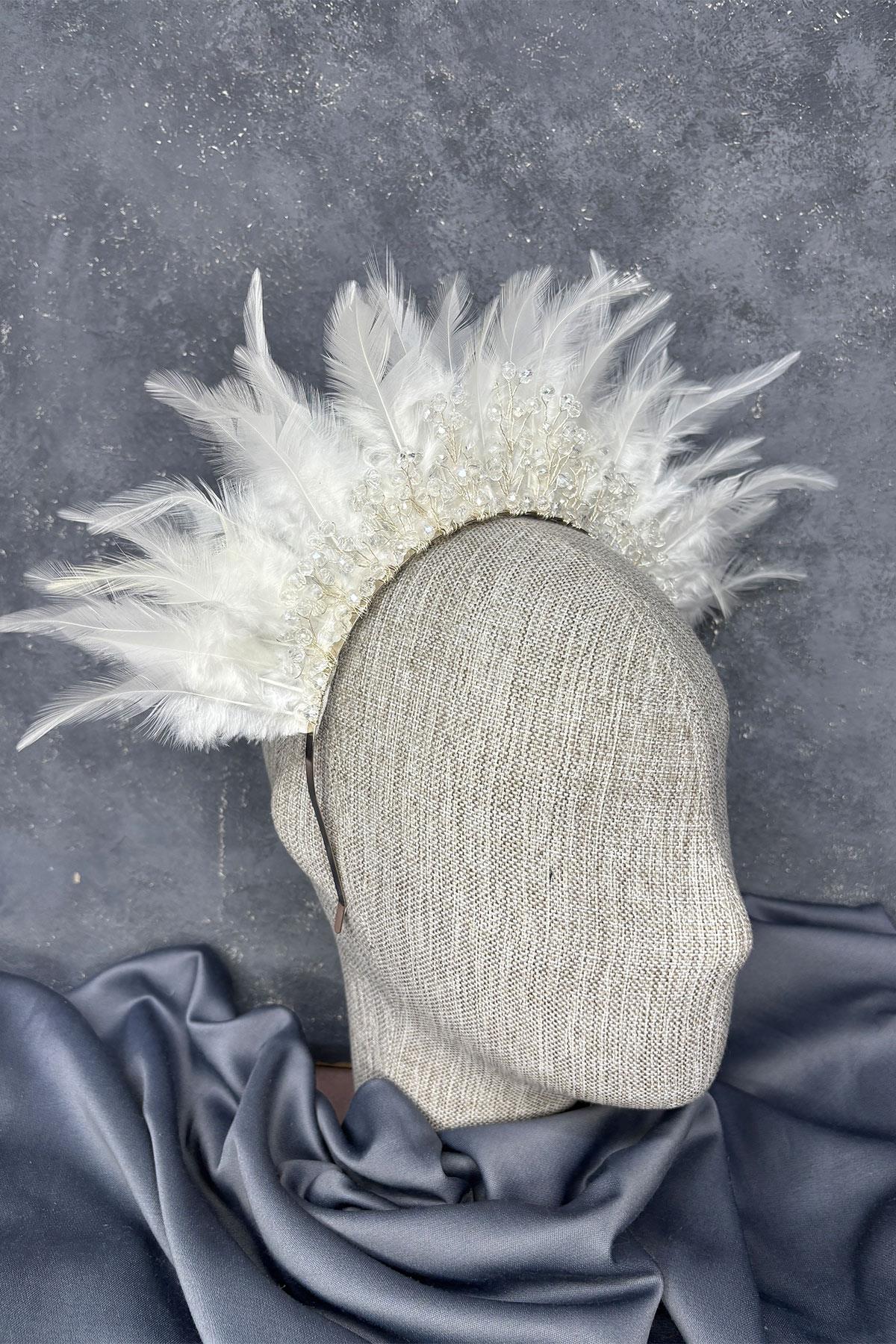 Arden Bridal Henna Tiara with Off-White Feathers and Crystal Beads