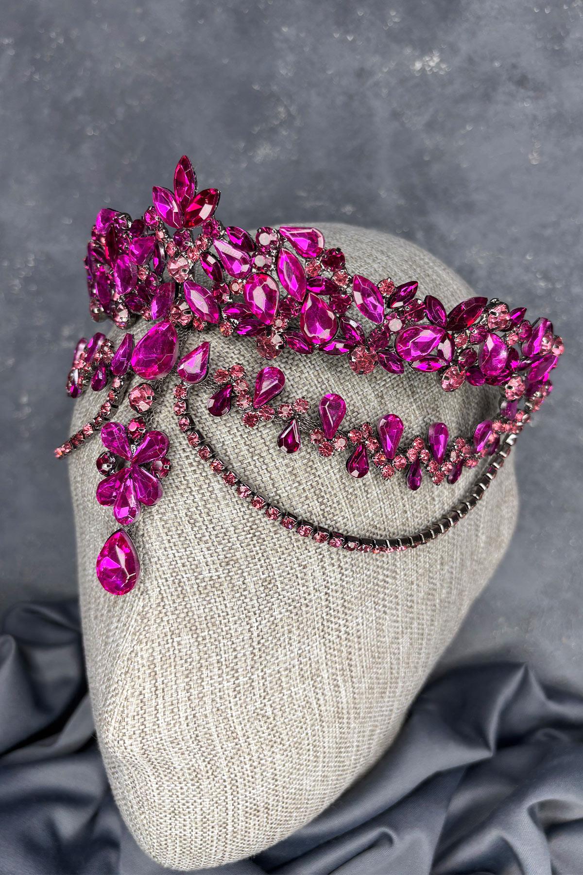 Fuşya Dali Alınlık Sallantılı Gelin Kına Tacı Saç Aksesuarı