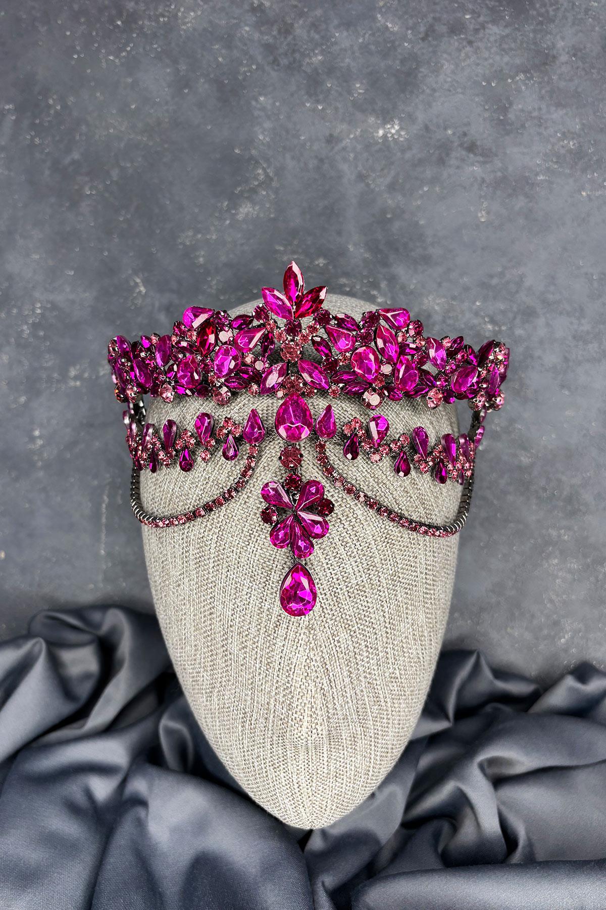 Fuşya Dali Alınlık Sallantılı Gelin Kına Tacı Saç Aksesuarı