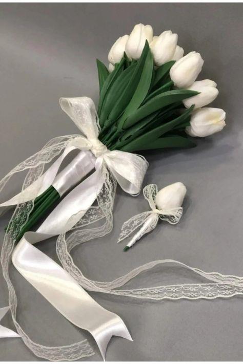 Gelin Buketi Toplam 17 Adet Beyaz Lale ,gelin El Çiçeği Ve Damat Yaka Çiçeği, Düğün, Nişan,söz