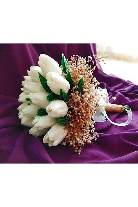 Beyaz Islak Lale Özel Tasarım Aranjman Gelin Nişan Buketi Ve Damat Yaka Çiçeği