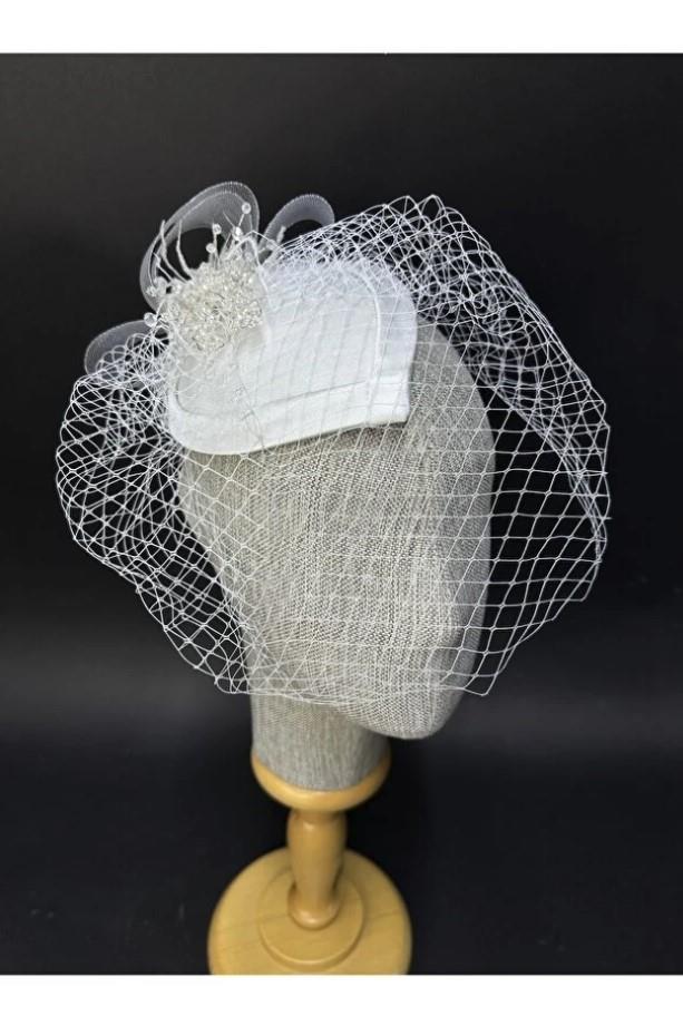 Gelin Nikah Şapkası Kristal İşlemeli Tül Fiyonklu Saç Aksesuarı