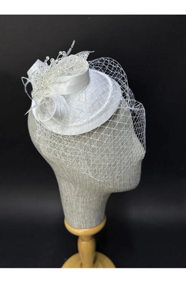 Gelin Nikah Şapkası Kurdele Detaylı Kristal Süslemeli Kep Aksesuarı