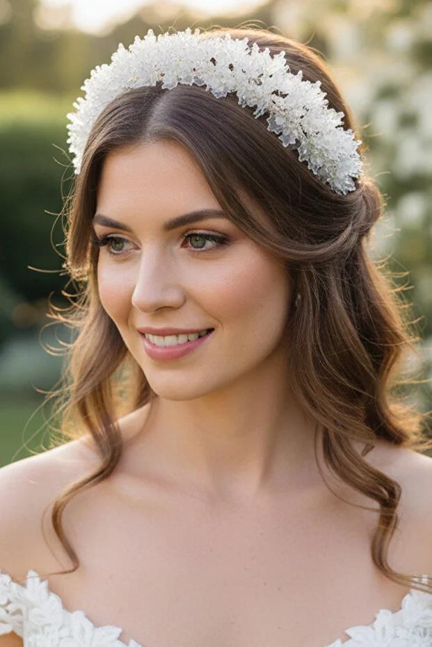 Gelin Tacı Beyaz Şeffaf Çiçekli Kristal Taşlı Kına Nişan Nikah Saç Aksesuarı