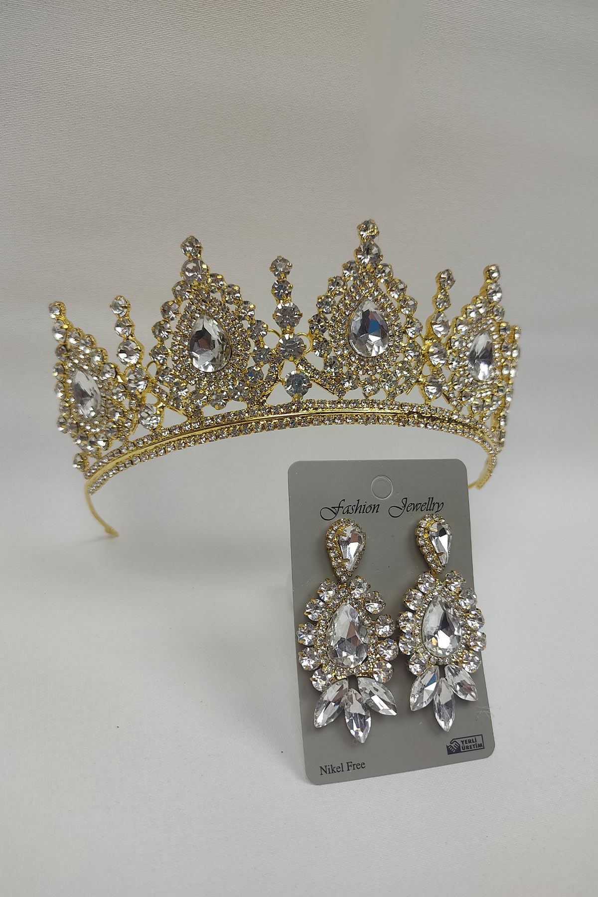 Gold Ahu Model Bridal Crown And Stud Earrings With Drop Stone