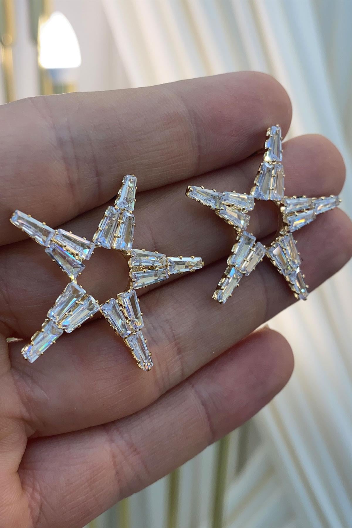 Gold Baget Zirkon Taşlı Abiye Parlak Küpe