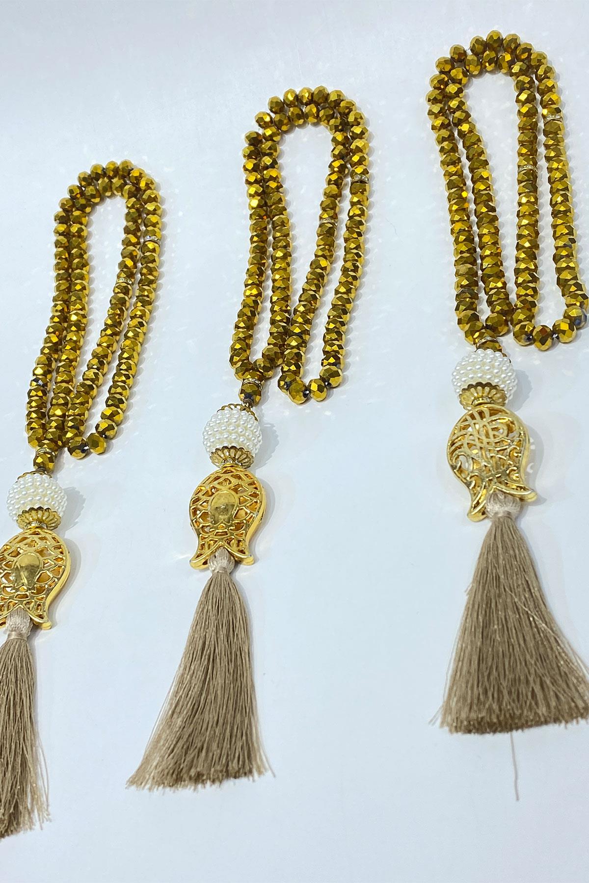 Gold Hediyelik Laleli Püsküllü Kristal Boncuklu 99 Lu Namaz Tesbihi ( Mevlüt-sünnet-hac-umre)