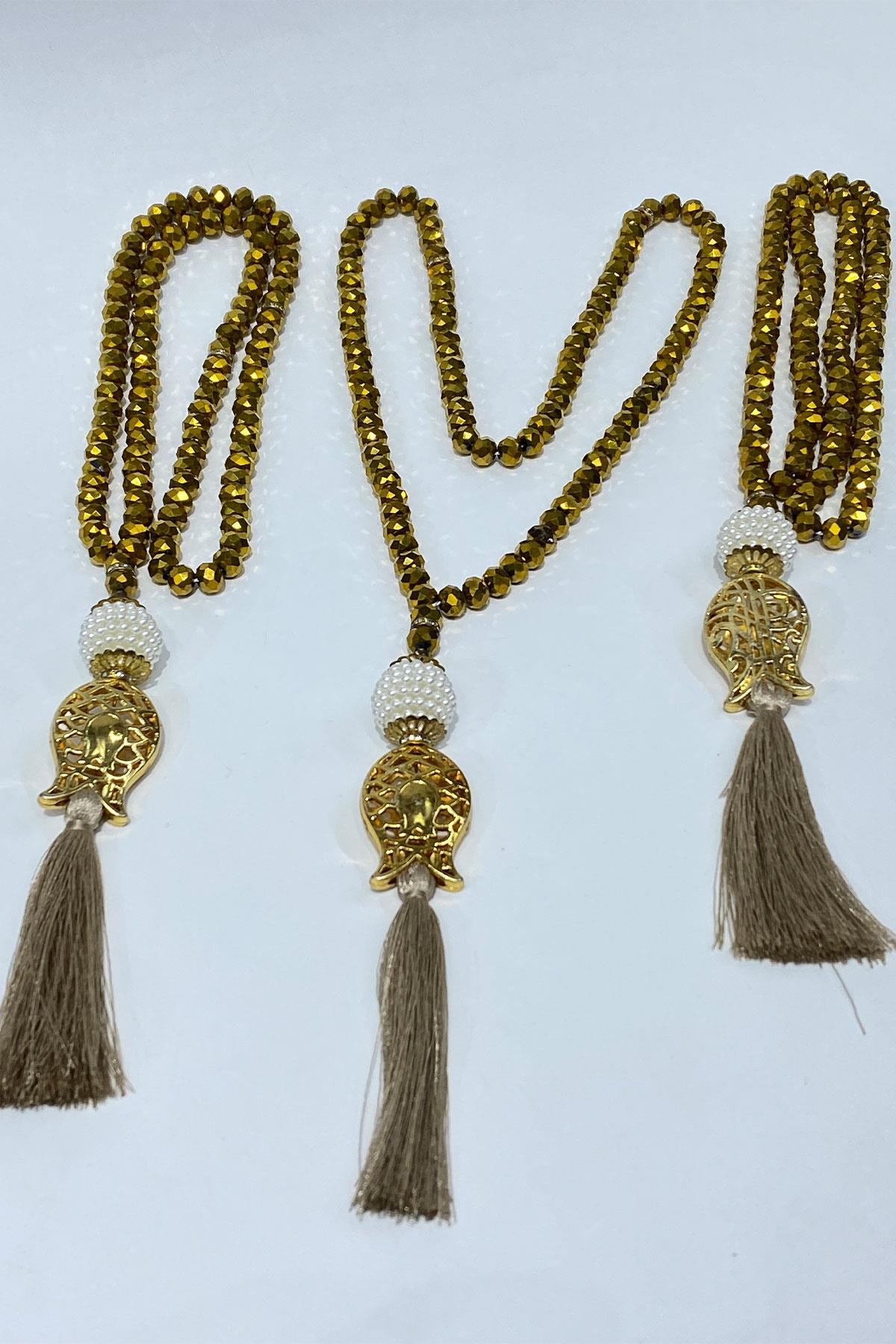 Gold Hediyelik Laleli Püsküllü Kristal Boncuklu 99 Lu Namaz Tesbihi ( Mevlüt-sünnet-hac-umre)