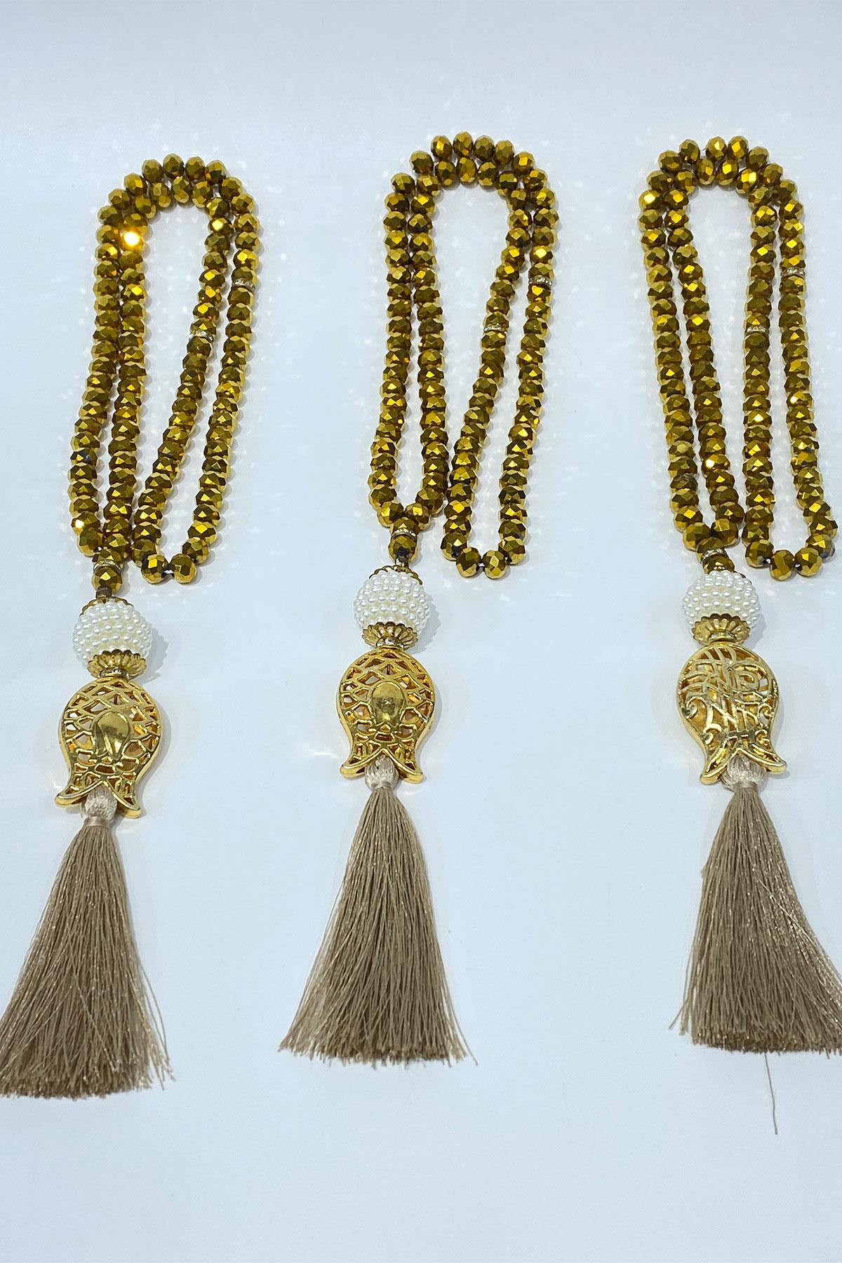 Gold Hediyelik Laleli Püsküllü Kristal Boncuklu 99 Lu Namaz Tesbihi ( Mevlüt-sünnet-hac-umre)