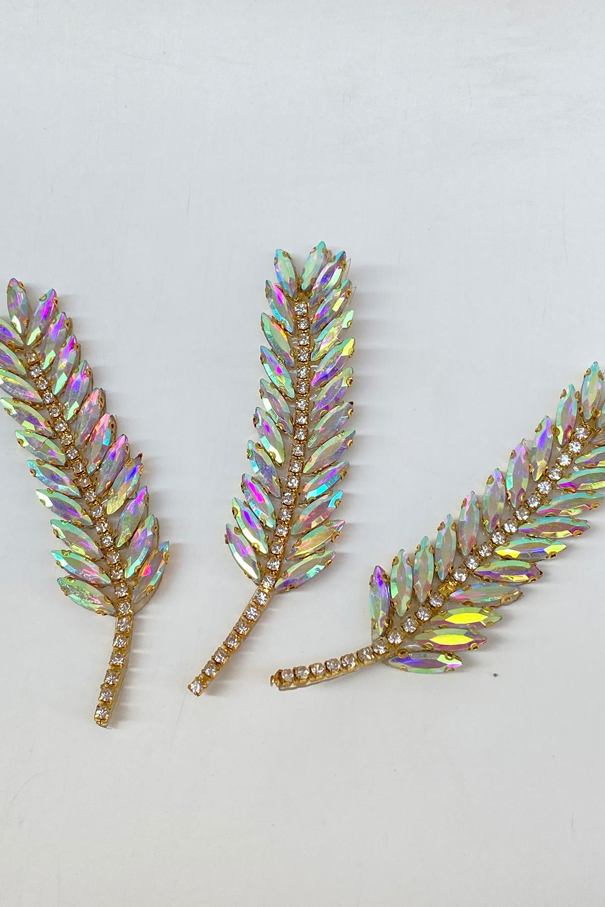 Gold Janjanlı Yaprak Desen Ütüyle Yapışan Parlak Taşlı Aplik 