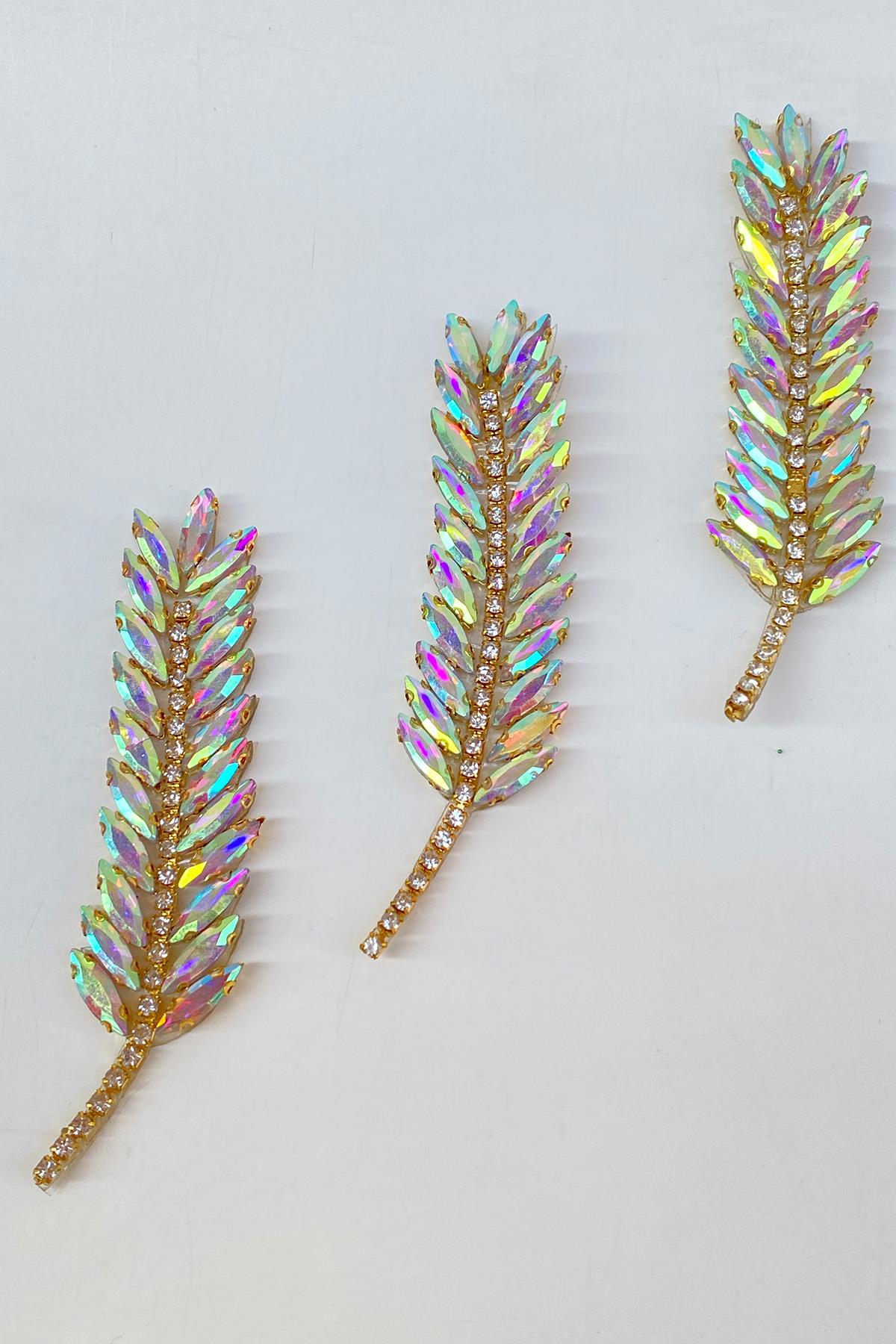 Gold Janjanlı Yaprak Desen Ütüyle Yapışan Parlak Taşlı Aplik 