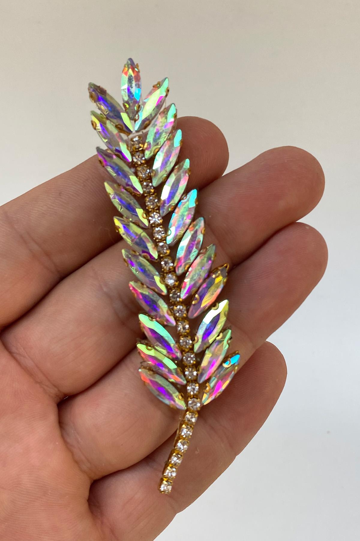 Gold Janjanlı Yaprak Desen Ütüyle Yapışan Parlak Taşlı Aplik 