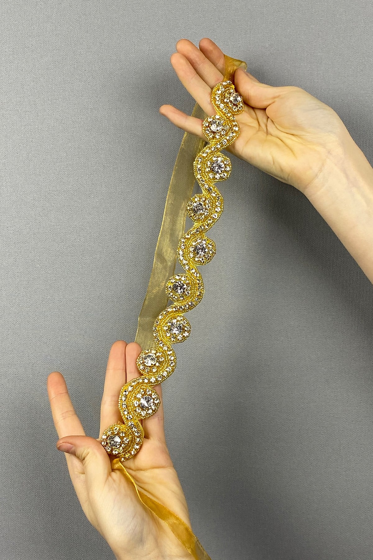 Gold Rengi Su Yolu Abiye Elbise Aksesuarı Taşlı Bel Kemeri 