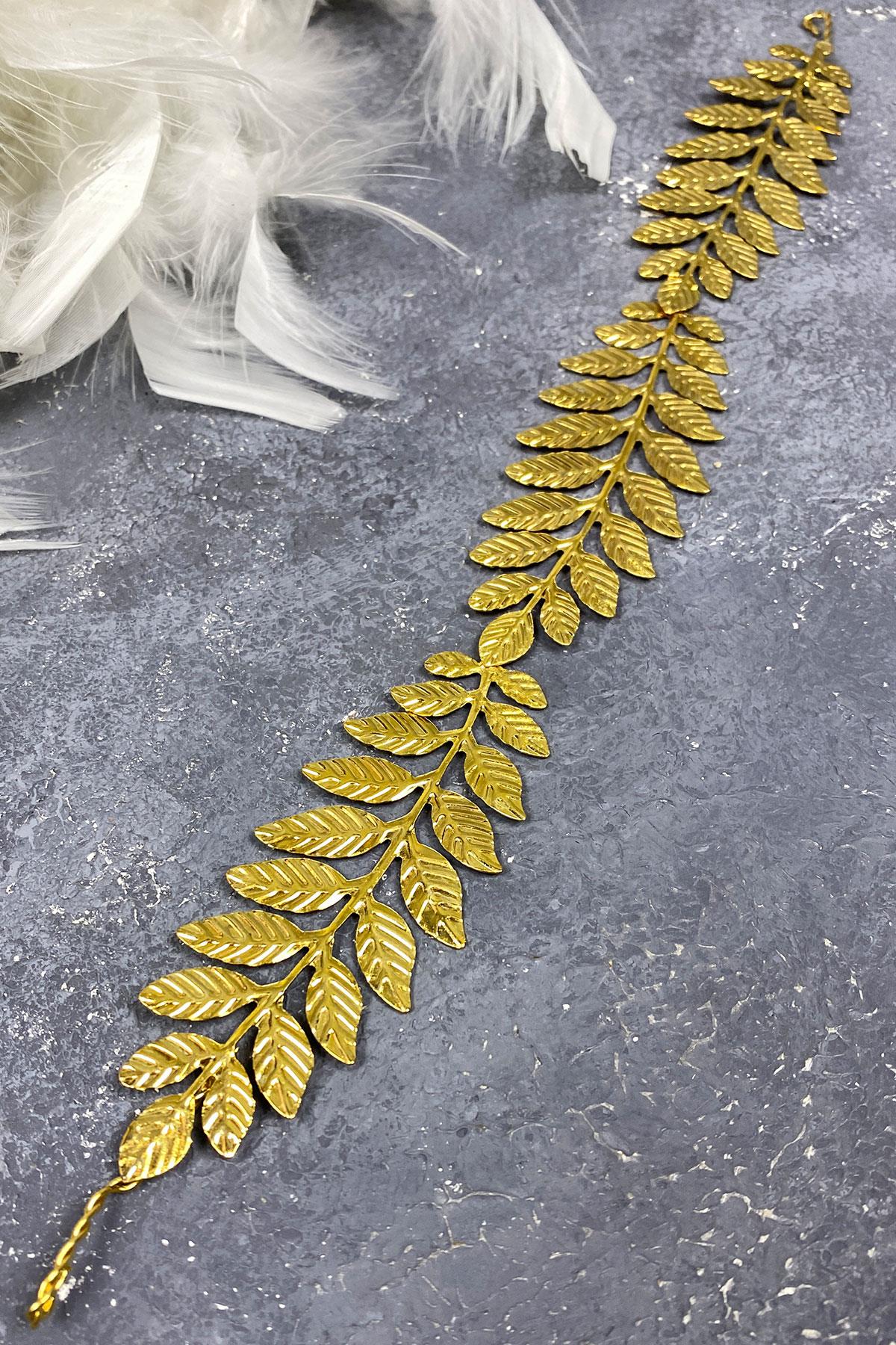 Gold Renk Metal İnce Yapraklı Tasarım Gelin Tacı Saç Aksesuarı