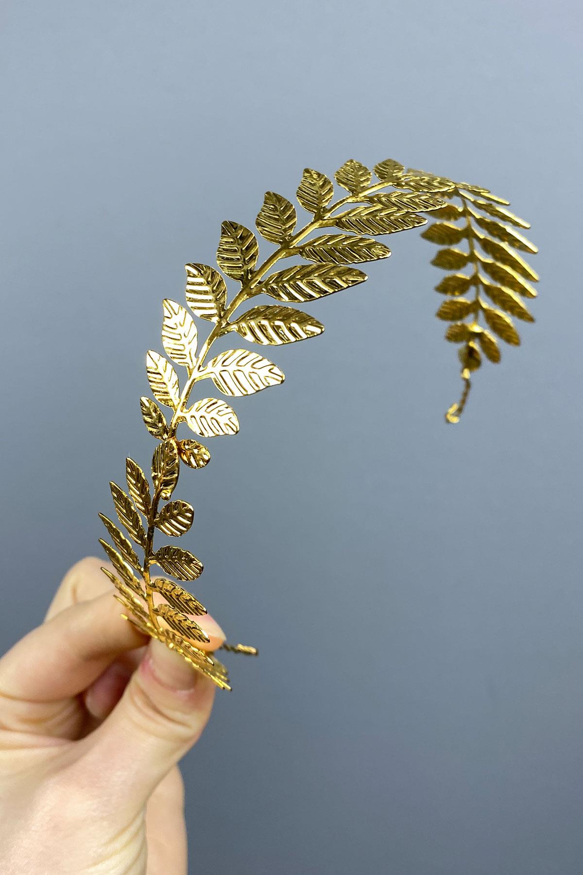 Gold Renk Metal İnce Yapraklı Tasarım Gelin Tacı Saç Aksesuarı
