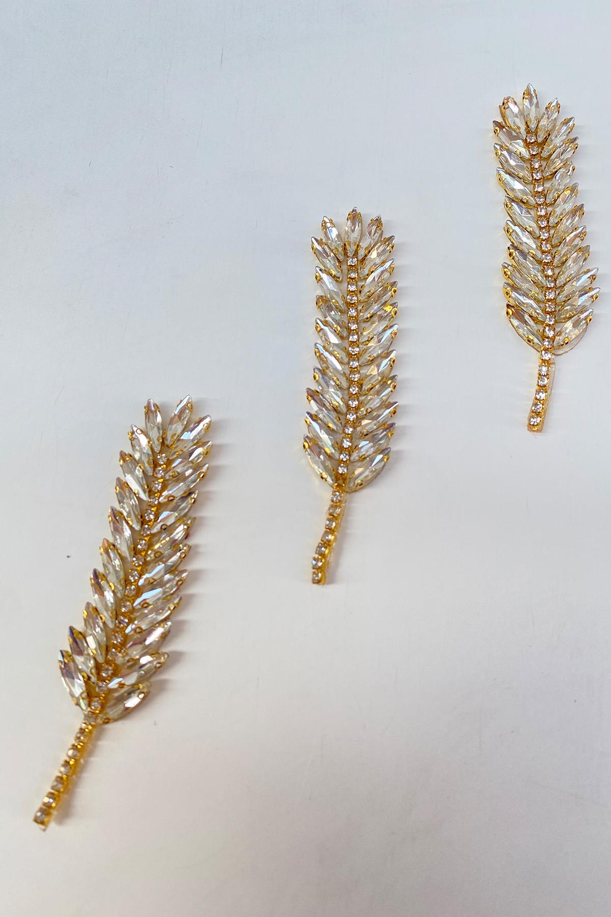 Gold Renk Yaprak Desenli Ütüyle Yapışan Parlak Taşlı Aplik 