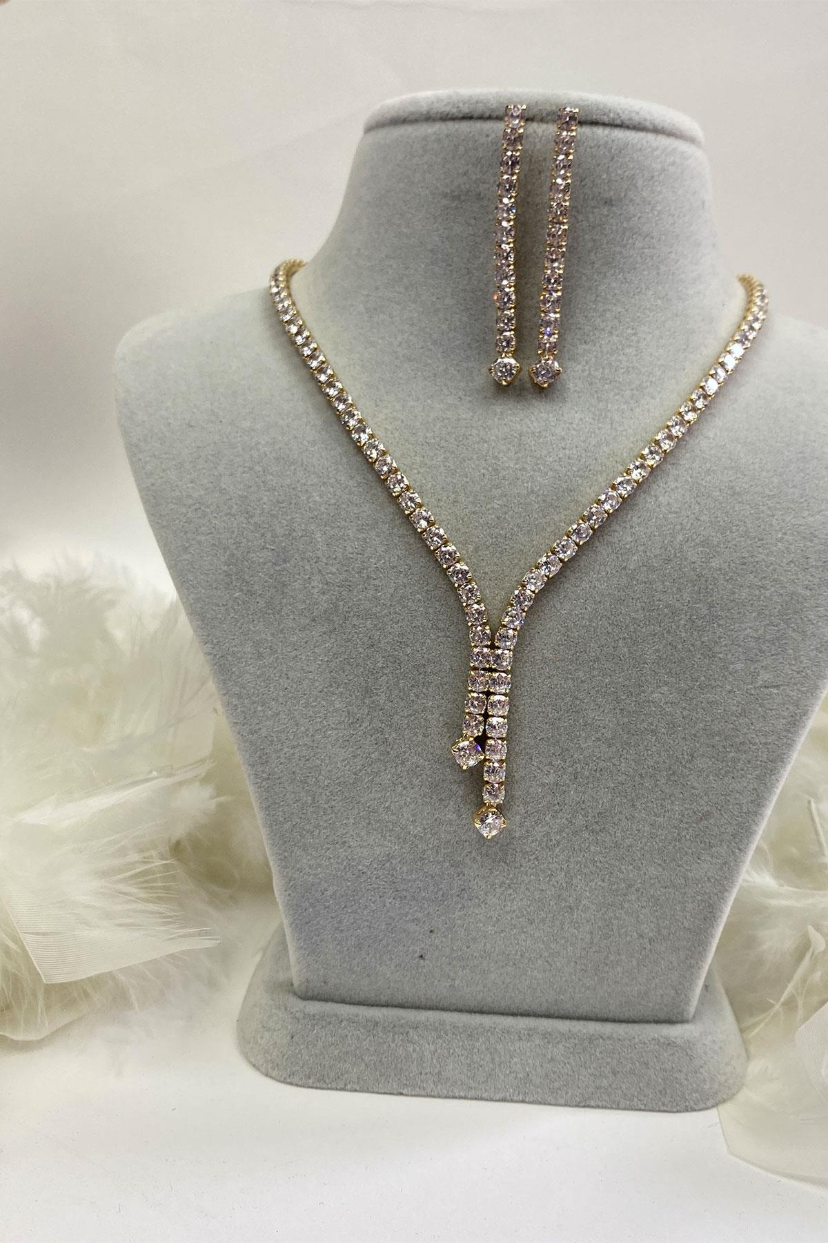 Gold Color Elegant Sliver Zircon Stone Necklace Earring Set