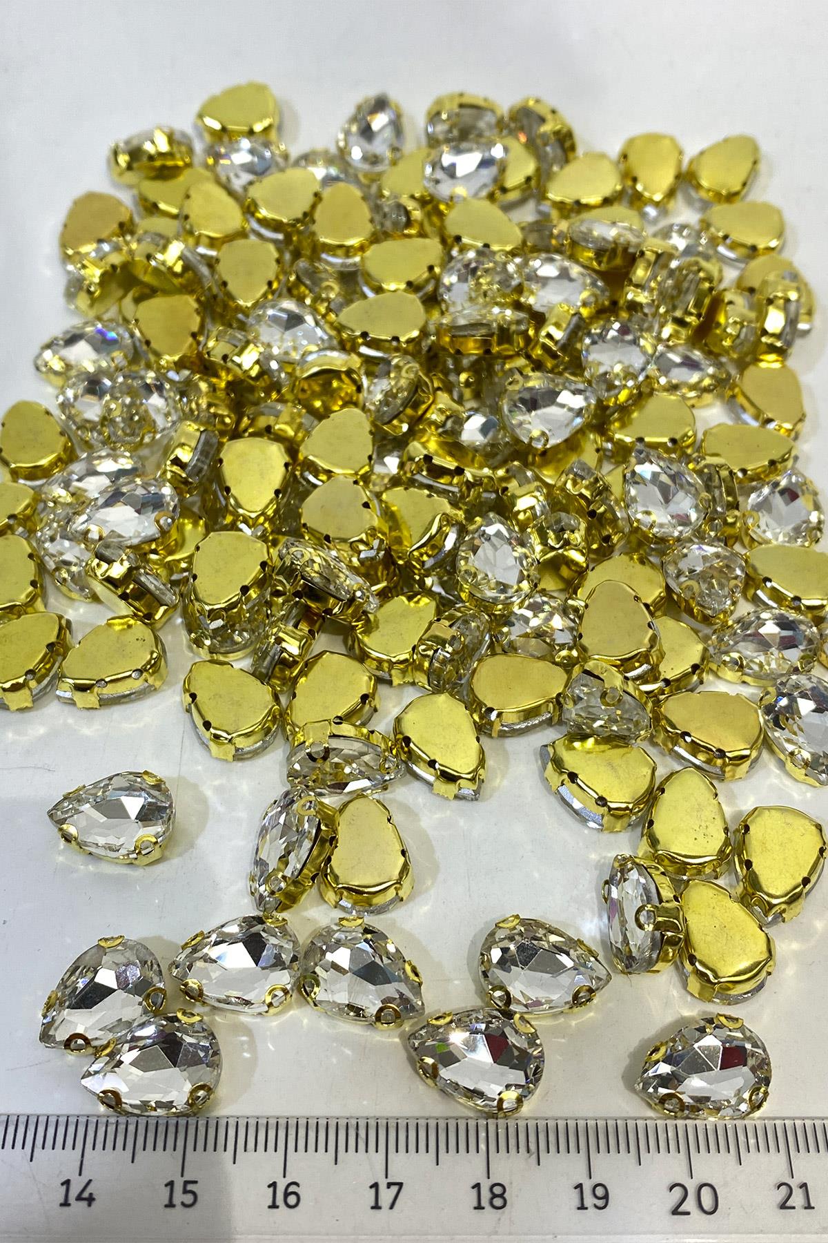 Gold Şeffaf Damla Metal Kasalı Beyoğlu Taşı Dikme Cam Boncuk 5 Adet