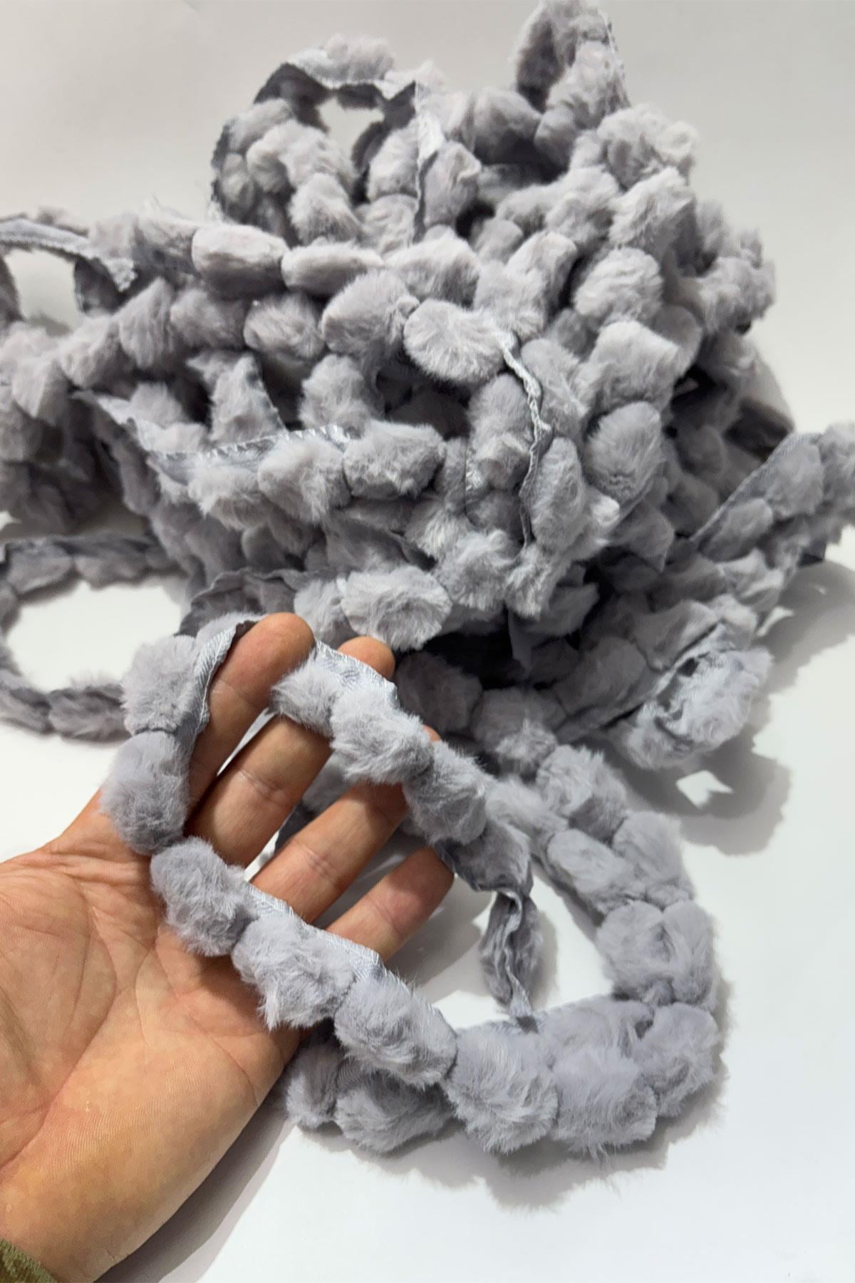 Grey Plush Ribbon Pom-Pom, Rabbit Tail Pom-Pom, Plush Pom-Pom 1 meter