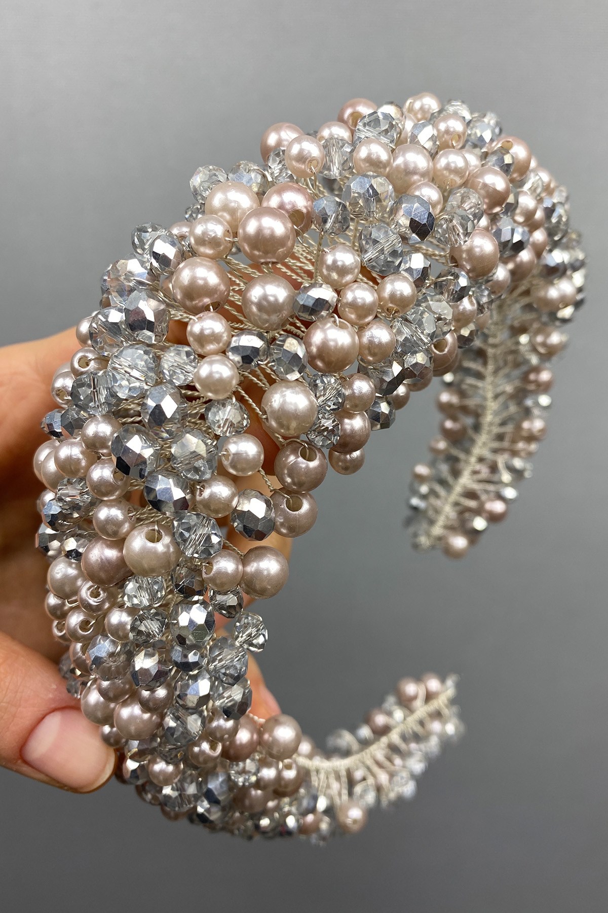 Gray Color Leal Convex Crystal and Pearls Bridal Hair Accessory
