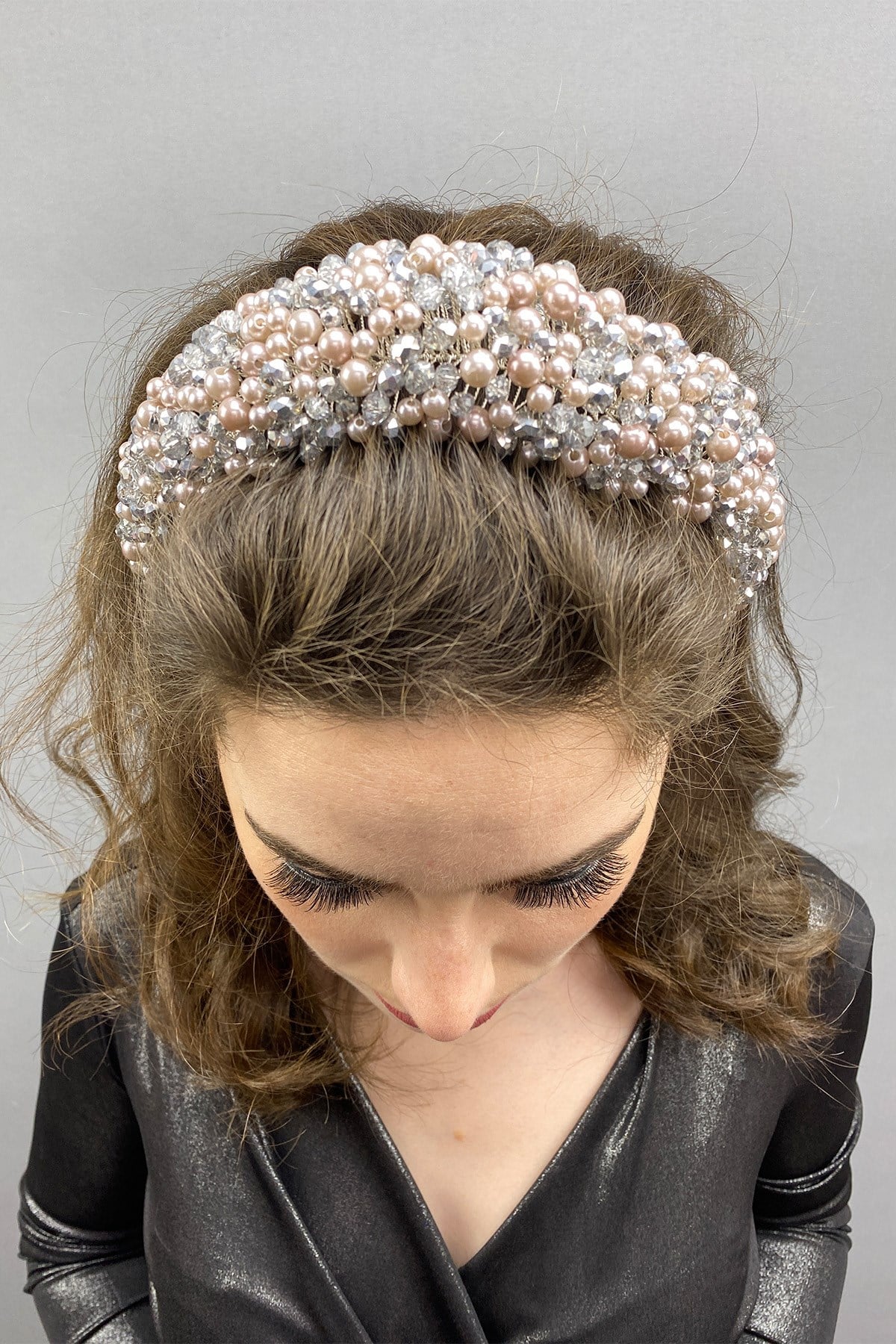 Gray Color Leal Convex Crystal and Pearls Bridal Hair Accessory