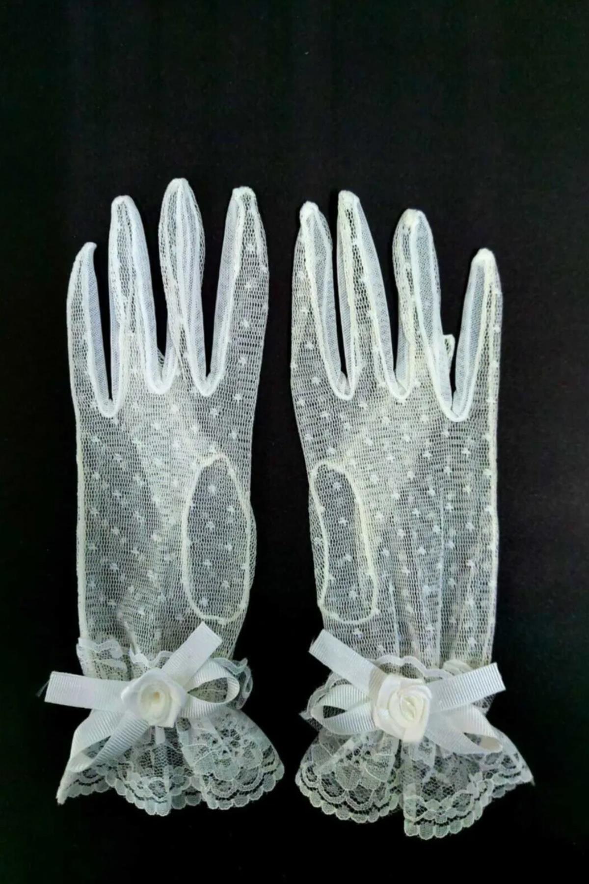 Gül Detaylı Beyaz Gelin Nikah Eldiveni