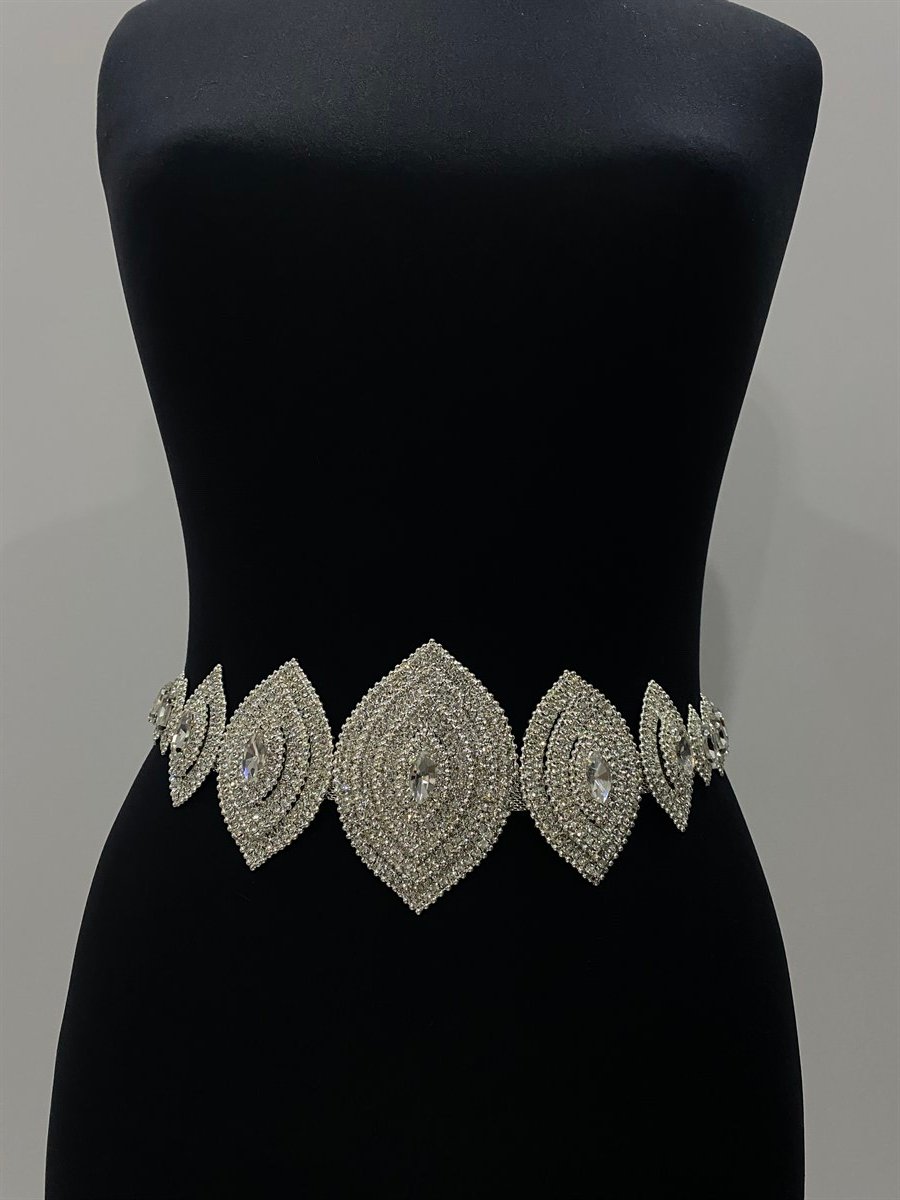 Gümüş Abiye Baklava Motifli Taşlı Kemer