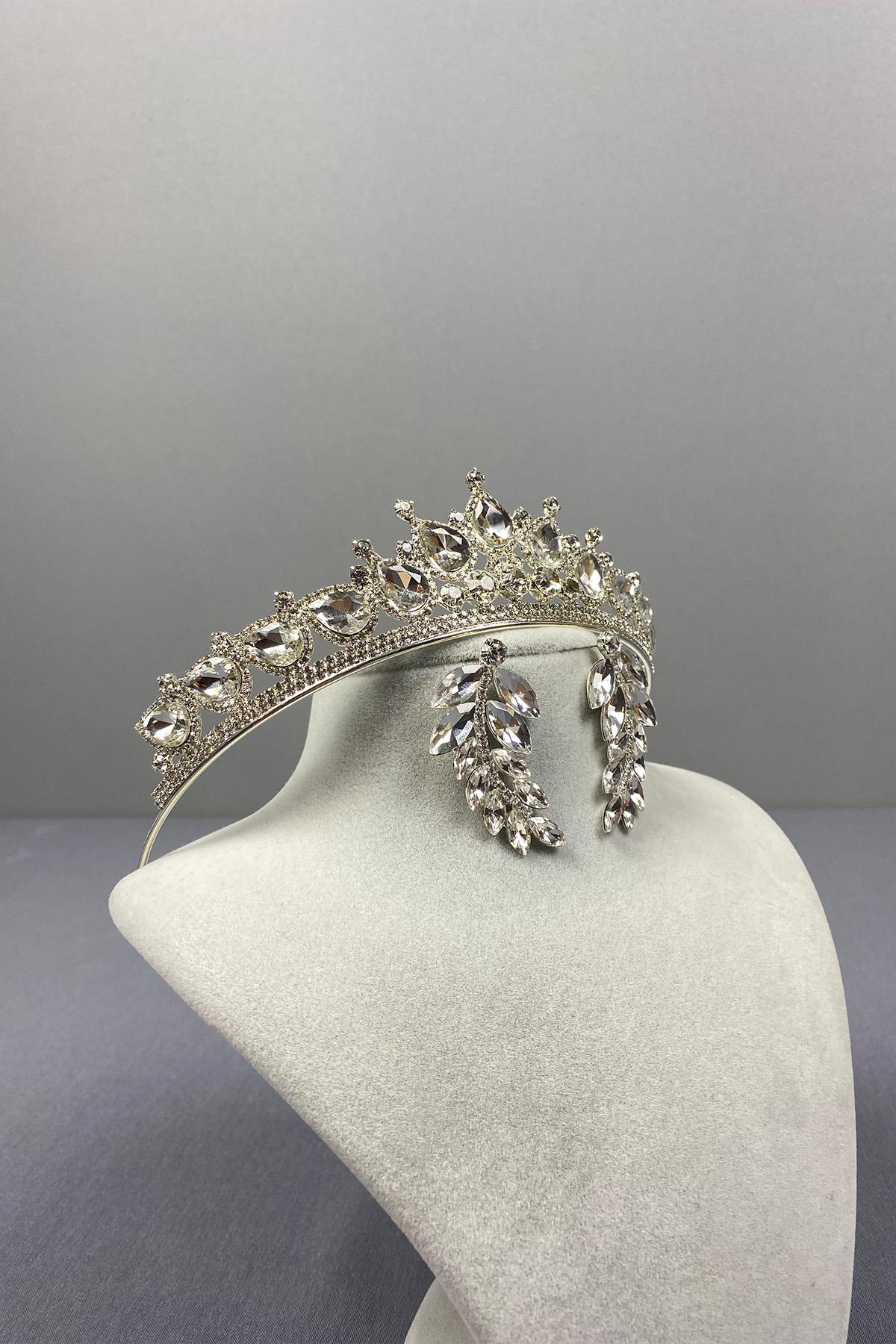 Silver Ade Bridal Crown and Leaf Stone Earring Set