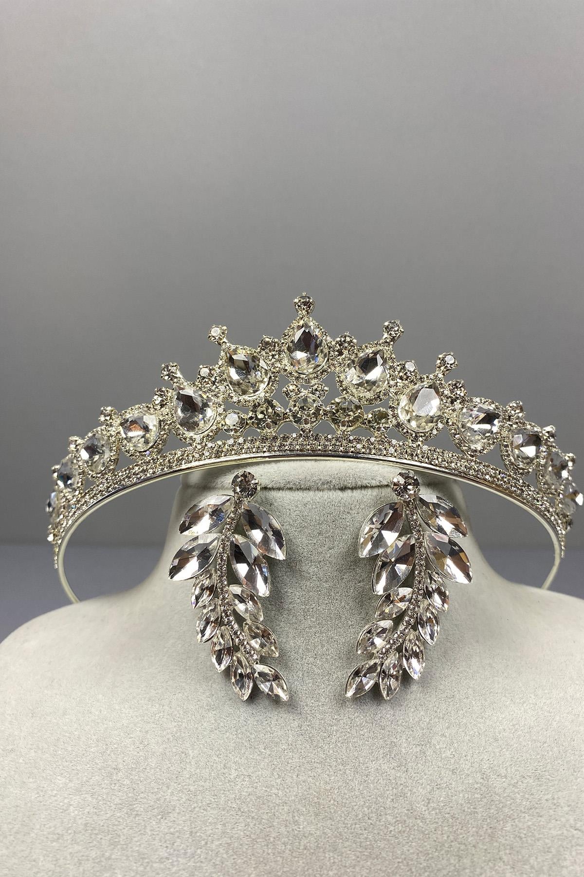 Silver Ade Bridal Crown and Leaf Stone Earring Set