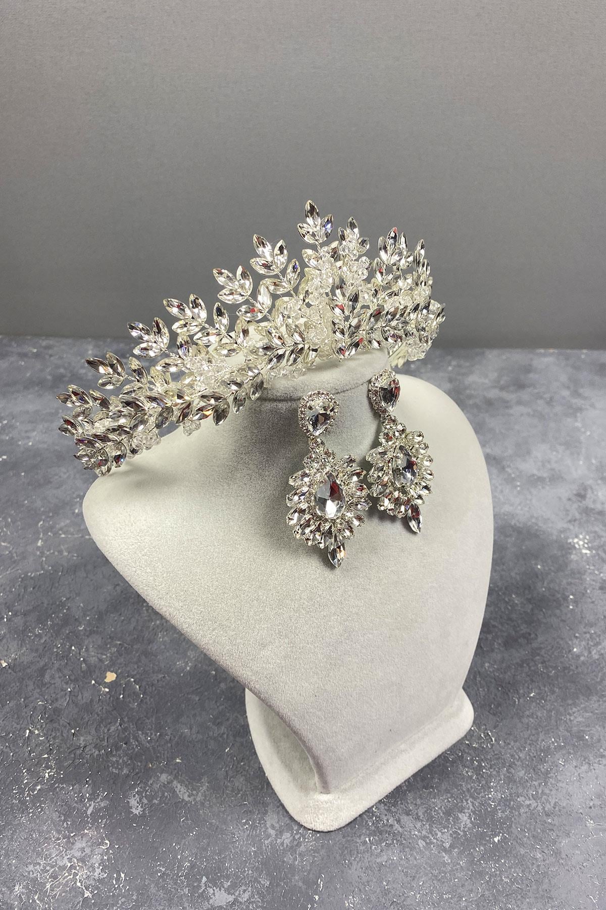 Sterling Silver Bridal Crown And Earring Set With Beads Embroidered